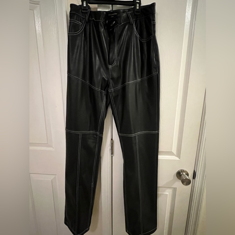 Faux leather white stitch straight leg pants